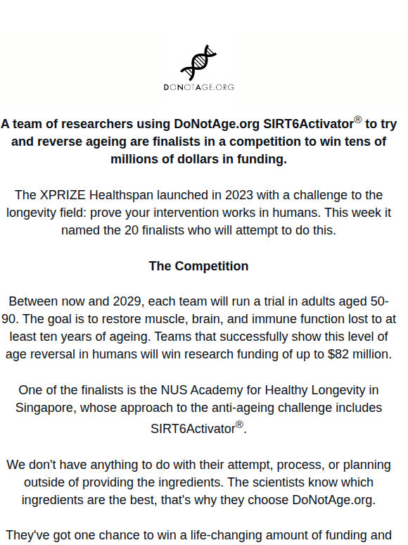 DoNotAge.org Supplement Through To XPRIZE Final