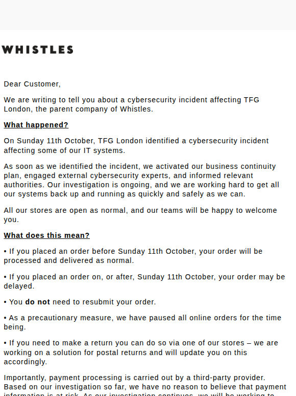 Whistles Cybersecurity Incident