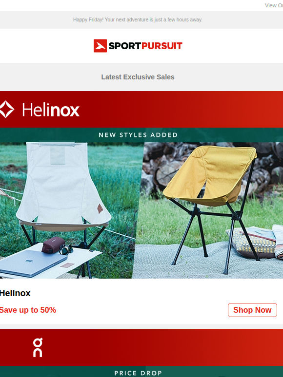 Up to 65% Off: Helinox | On Running - Price Drop | Rafiki | Untrakt Luggage | Trending Outdoor Deals