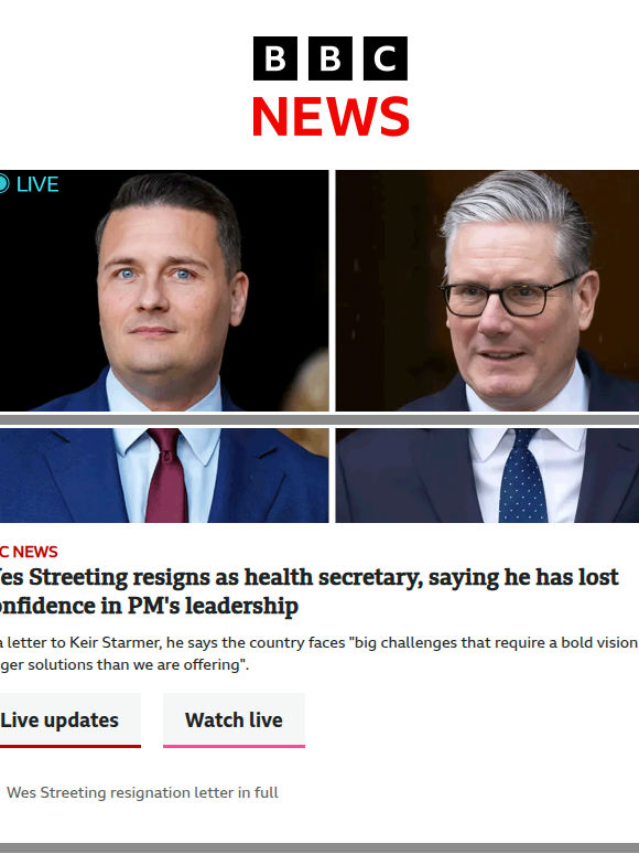 Wes Streeting resigns as health secretary | Three women who died off Brighton beach identified | Baby born on Attenborough's 100th birthday named after environmentalist