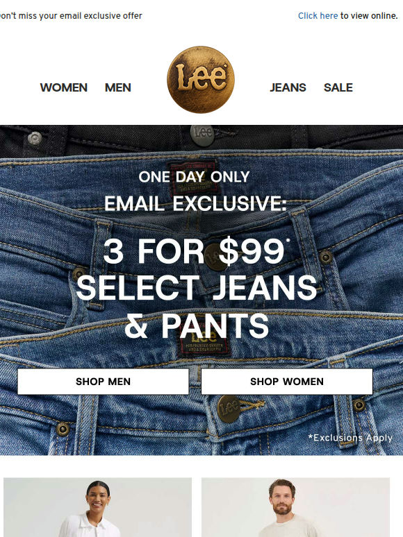 Today only: 3 for $99 jeans and pants