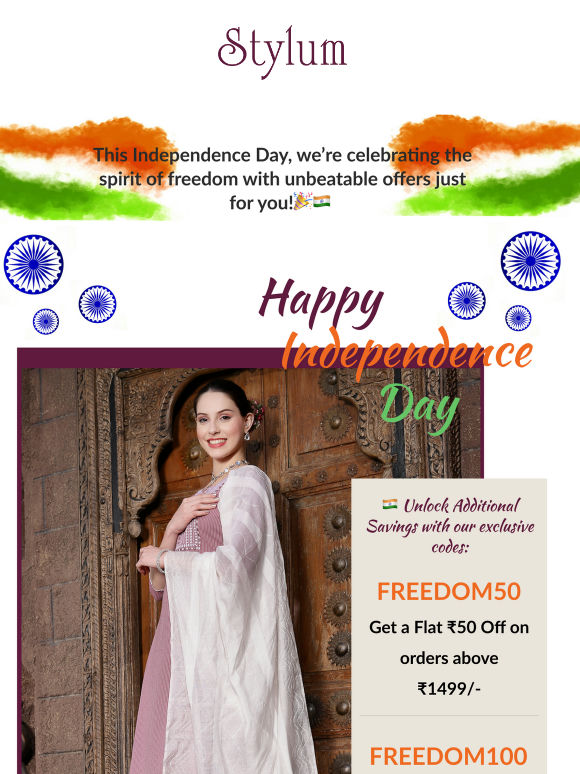 "Celebrate Independence Day with Stylum: Enjoy Exclusive Discounts on Ethnic Wear!"
