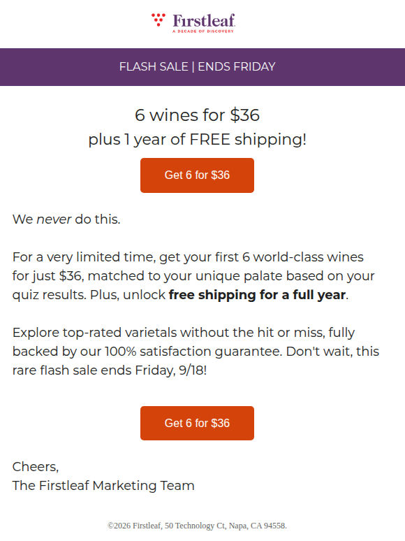 Flash Sale: Get 6 wines for $36 plus FREE shipping, ends 9/18.