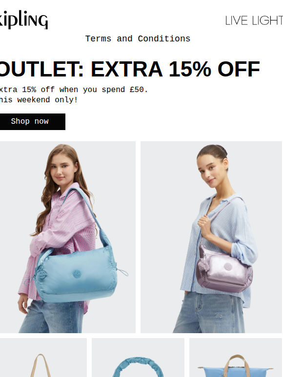Your last chance, shop now. 🌟 Extra 15% off outlet items!