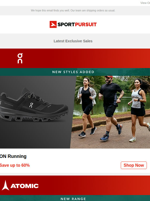 On Running - New Products | Atomic Clothing | Marmot Camping | TOMS | Thermowave | Up to 60% Off!