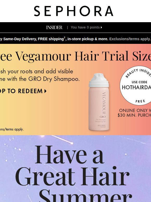 Score a FREE dry shampoo trial size from Vegamour 💛🌞