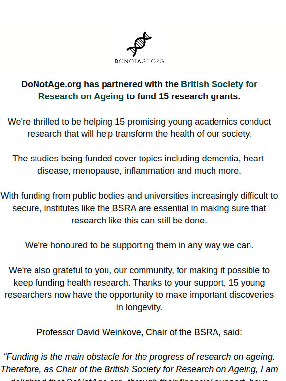 DoNotAge.org To Fund 15 Longevity Research Grants