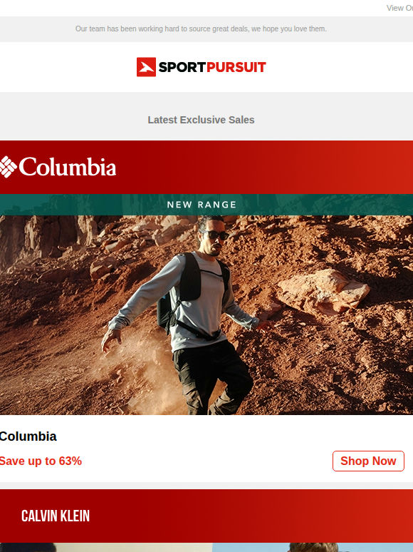 Columbia - New Range | Calvin Klein | Nike Mens Streetstyle | Puma Expanded Collection | Billabong | Up to 68% Off!