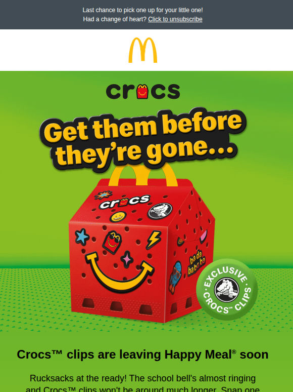 Crocs™ clips are leaving Happy Meal® soon ⏰