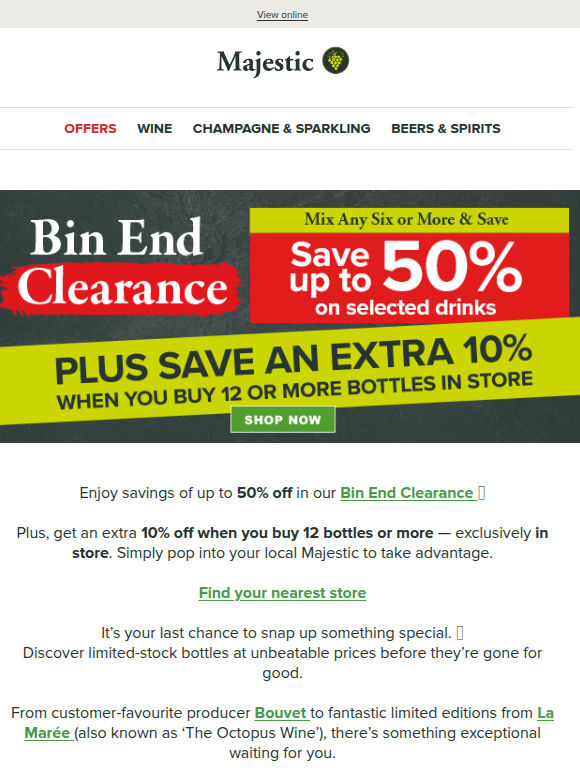 50% Bin End Clearance + Extra 10% Off In-Store ⏰