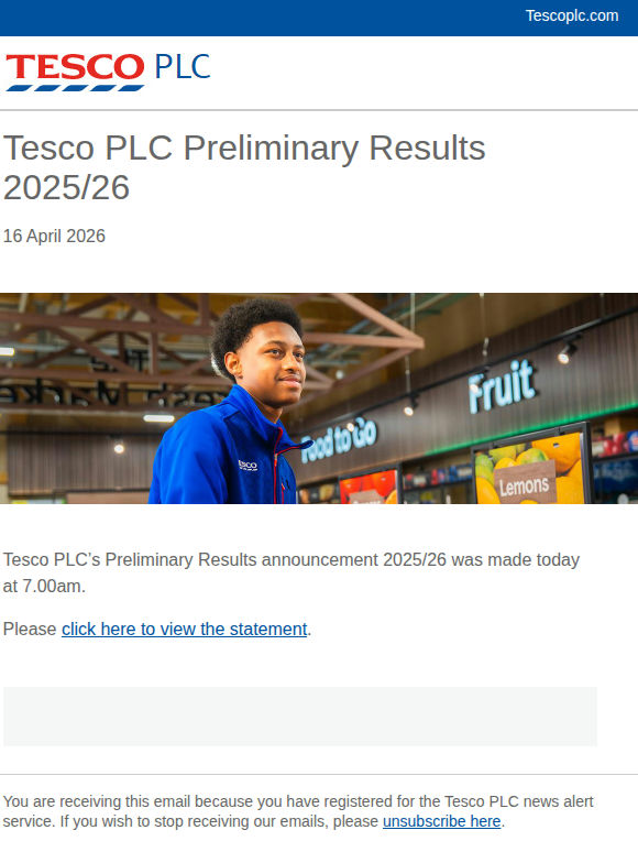 Tesco PLC Preliminary Results 2025/26
