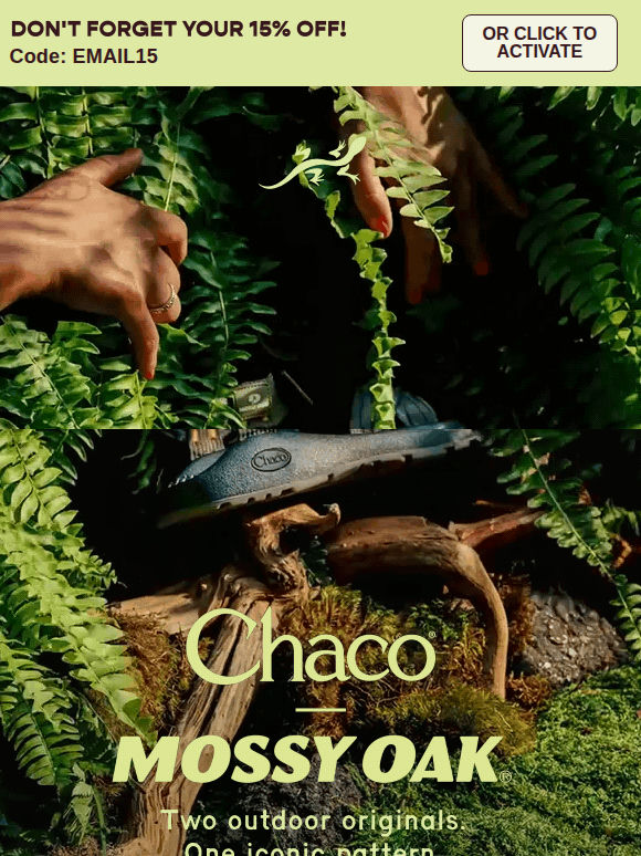 Hard to spot. Easy to recognize. Chaco x Mossy Oak