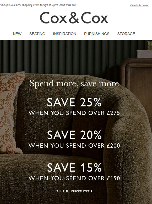 Spend more, save more! Save up to 25% this week!