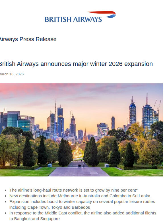BRITISH AIRWAYS ANNOUNCES MAJOR WINTER 2026 EXPANSION