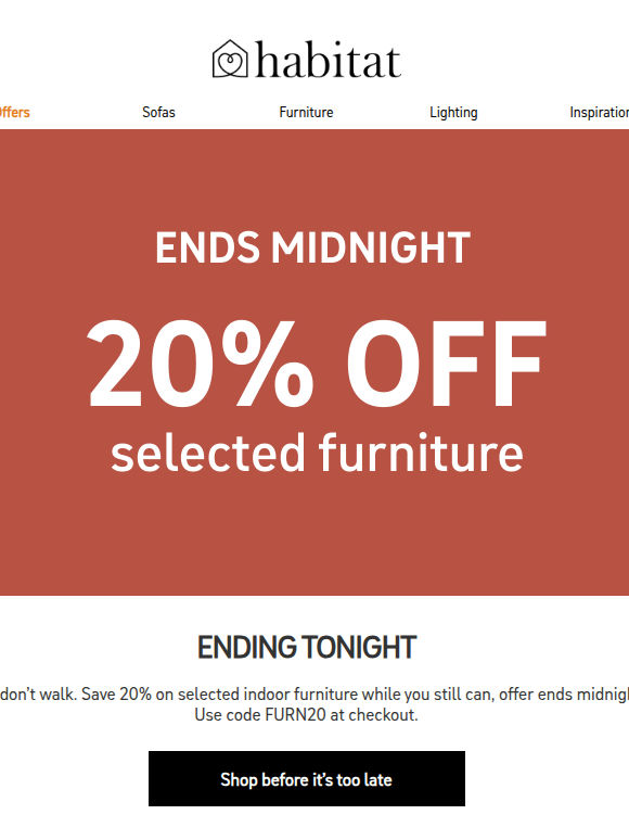 Ends tonight! 20% off furniture