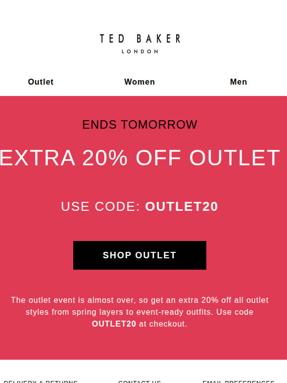 Ends Tomorrow: Extra 20% Off Outlet