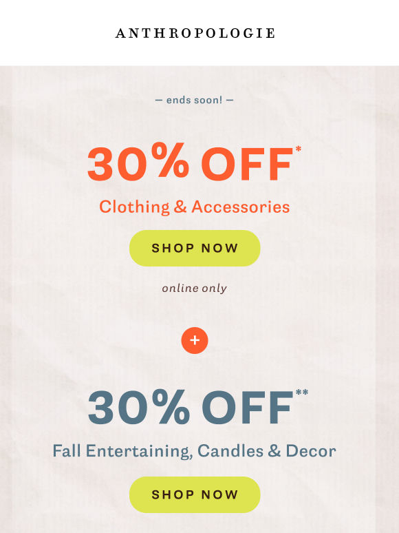 Ends soon! 30% off clothing & accessories