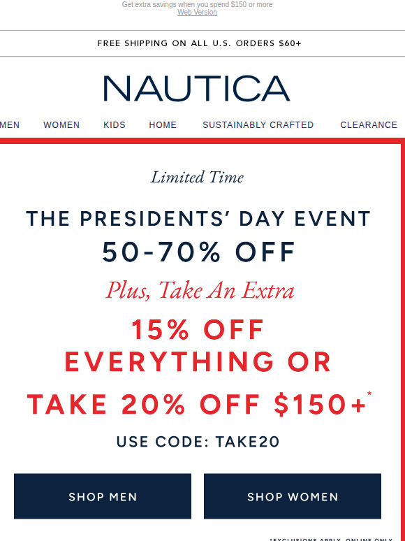 THIS JUST IN: Extra 15% Off Everything or 20% Off $150+.