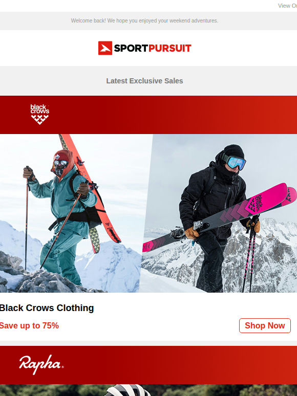 Up to 75% Off: Black Crows Clothing | Rapha Cycling | Zamberlan | Jack & Jones | Mizuno