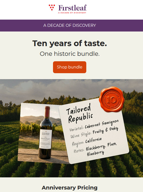 10 years. 10 icons. 15% off. 🍷 