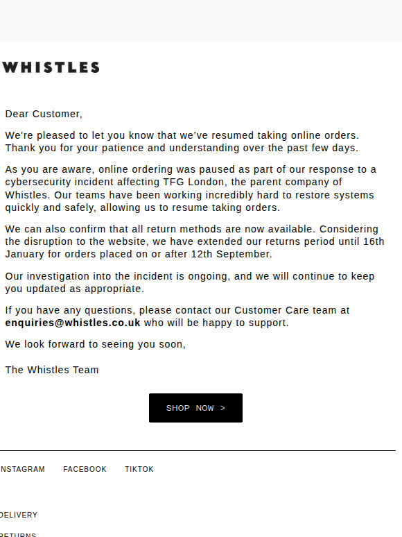 Welcome back to Whistles.com
