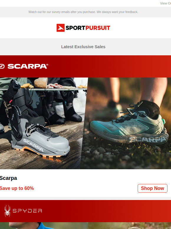 Scarpa | Spyder Lifestyle Clothing | Deuter | Odlo | Dainese Snow | Up to 67% Off!