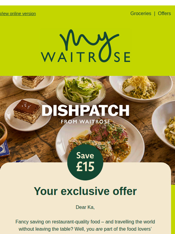 My Waitrose exclusive: £15 off Dishpatch, explore global flavours 🥘