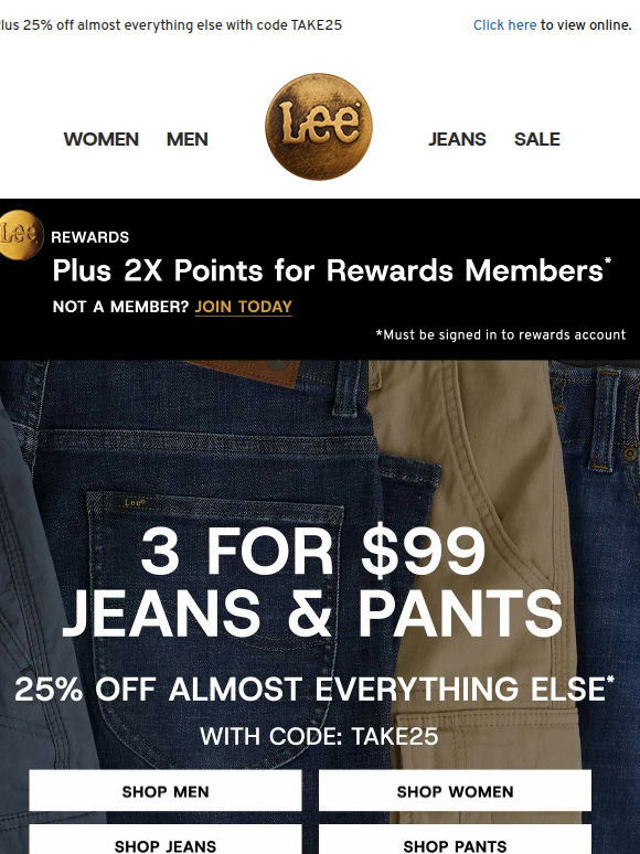 Ends Today: 3/$99 Jeans & Pants + Double Points for Rewards Members