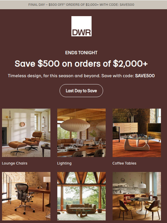 Final day: Save $500 on orders of $2,000+