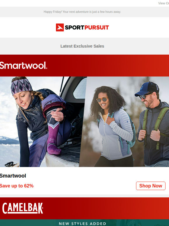 Up to 73% Off: Smartwool | CamelBak - New Products | Quartz Co | Sleeping Bags and Mats | Lacoste - Price Drop