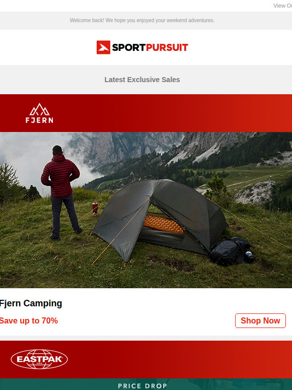 Up to 81% Off: Fjern Camping | Eastpak - Price Drop | Untrakt Luggage | Bestard | Ocean Sunglasses