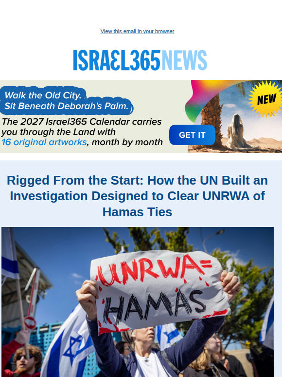 Rigged From the Start: How the UN Built an Investigation Designed to Clear UNRWA of Hamas Ties and Today's Top Stories