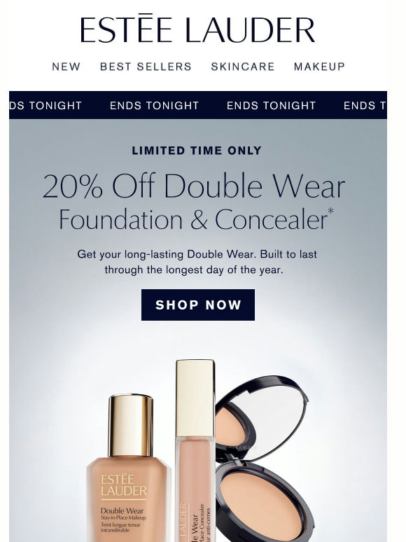 Ends Tonight ⚡ 20% Off Double Wear Foundation & Concealer