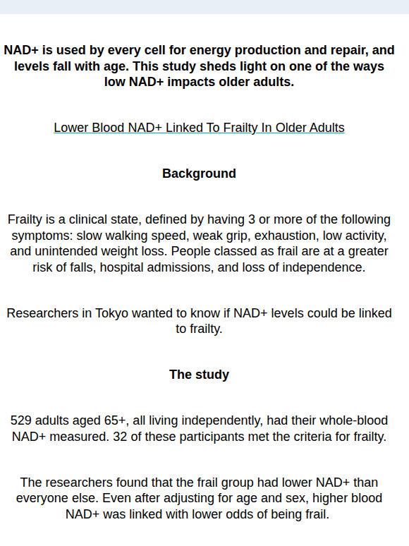 Study: Low Blood NAD+ Levels Linked To Frailty In Older Humans