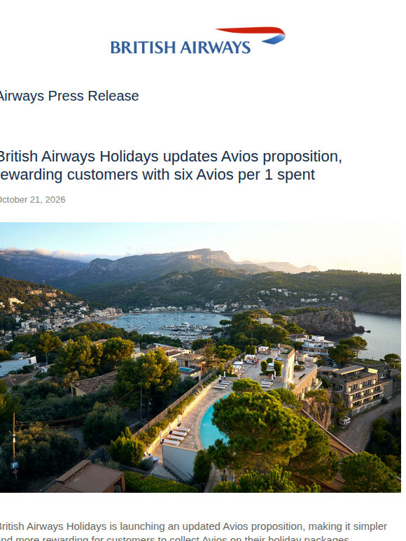 BRITISH AIRWAYS HOLIDAYS UPDATES AVIOS PROPOSITION, REWARDING CUSTOMERS WITH SIX AVIOS PER £1 SPENT