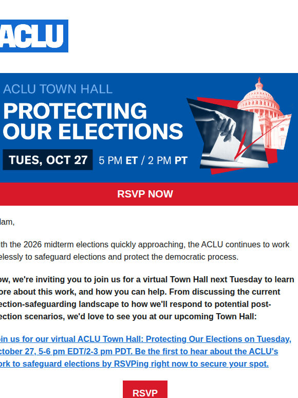 RSVP Today: 10/27 ACLU Virtual Midterms Town Hall
