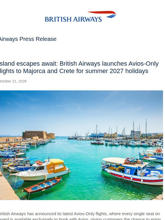 ISLAND ESCAPES AWAIT: BRITISH AIRWAYS LAUNCHES AVIOS-ONLY FLIGHTS TO MAJORCA AND CRETE FOR SUMMER 2027 HOLIDAYS