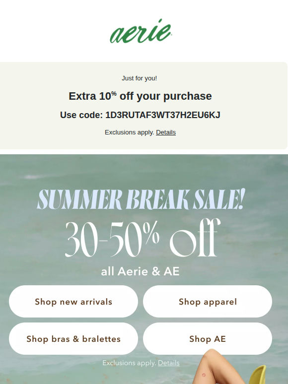 30-50% off all Aerie & AE for the Summer Break Sale!