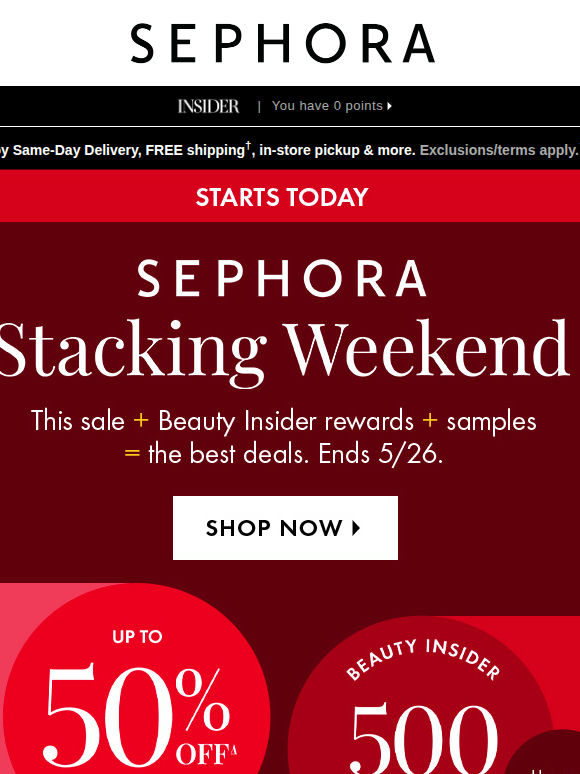 Save up to 50% on select beauty 💄 Plus spend $75 to earn 500 bonus points.