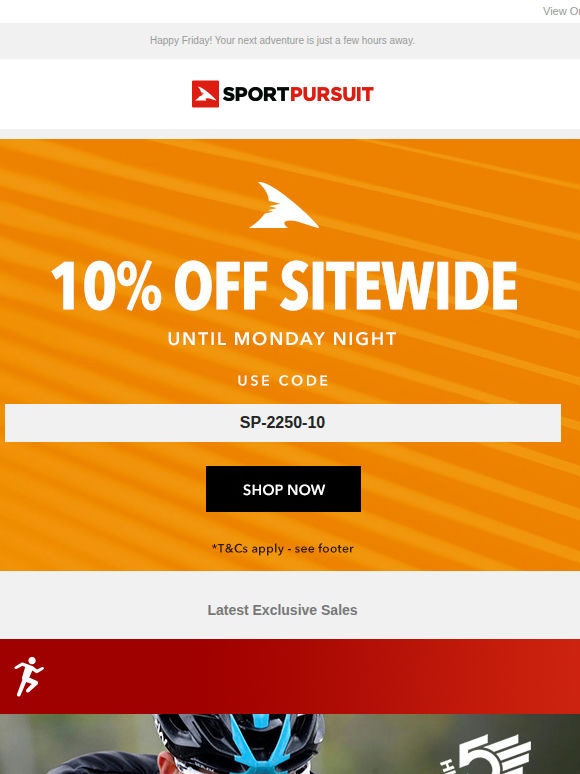 Extra 10% Off Sitewide + Up to 69% Off: Nutrition | Camping Must-Haves | Shorts & Sunshine | Trollkids | Spy Optic Sunglasses