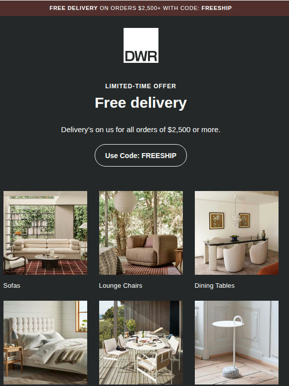 Limited-time offer: Free delivery on orders $2,500+