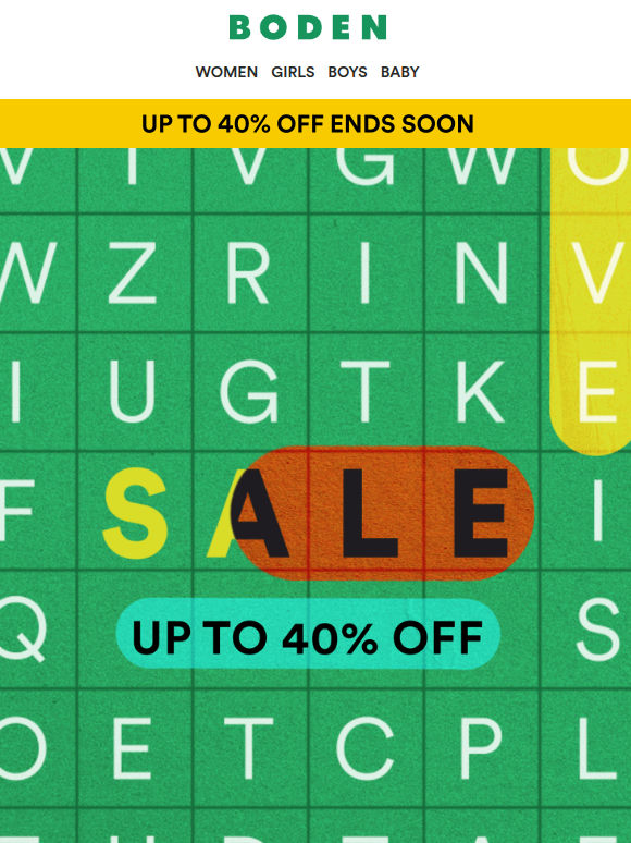 Up to 40% off: clock's ticking on our SALE