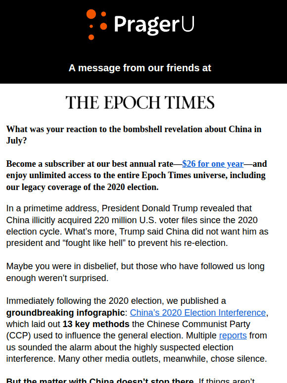 Special Offer From The Epoch Times: $26 for One Year