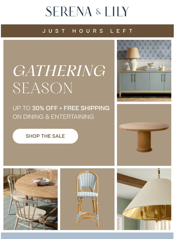 Last Chance: Up to 30% off dinning + free shipping.