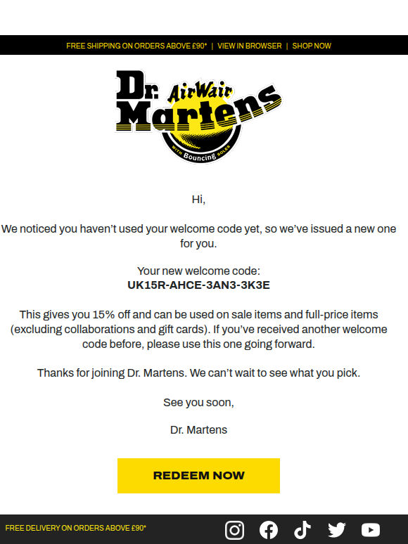 Your new Dr. Martens welcome code