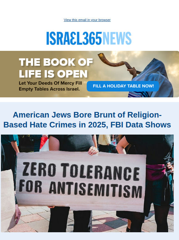 American Jews Bore Brunt of Religion-Based Hate Crimes in 2025, FBI Data Shows and Today's Top Stories