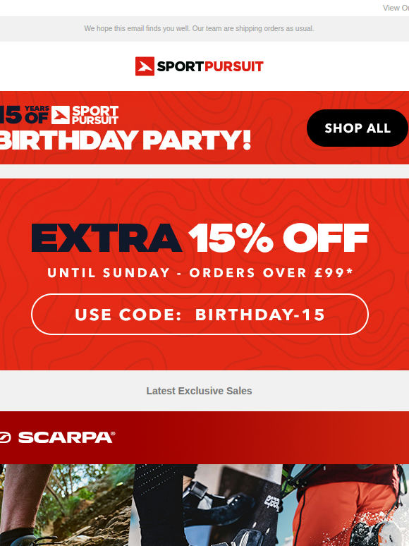Time to Celebrate - Extra 15% Off Sitewide Plus: Scarpa | Palladium | O’Neill | HUUB | Febronie  | Up to 74% Off!