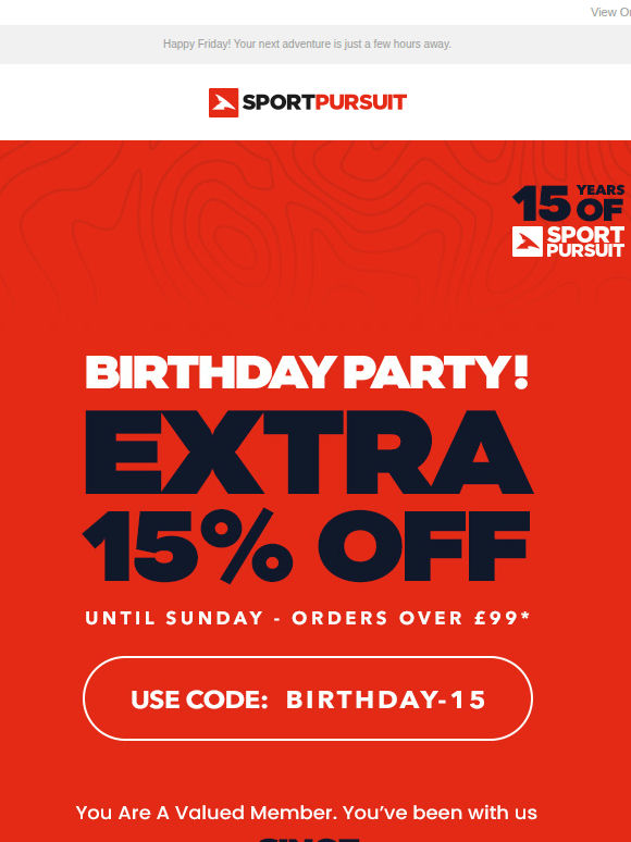 Extra 15% Off Sitewide - Sportpursuit Birthday Party!