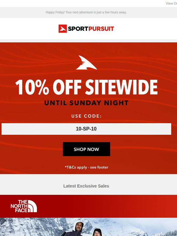 Extra 10% Off Sitewide Plus + Up to 72% Off: The North Face | Hurley | Sweet Protection Snow | Nike Fitness & Running | Red Bull Spect Eyewear