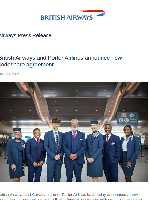 BRITISH AIRWAYS AND PORTER AIRLINES ANNOUNCE NEW CODESHARE AGREEMENT